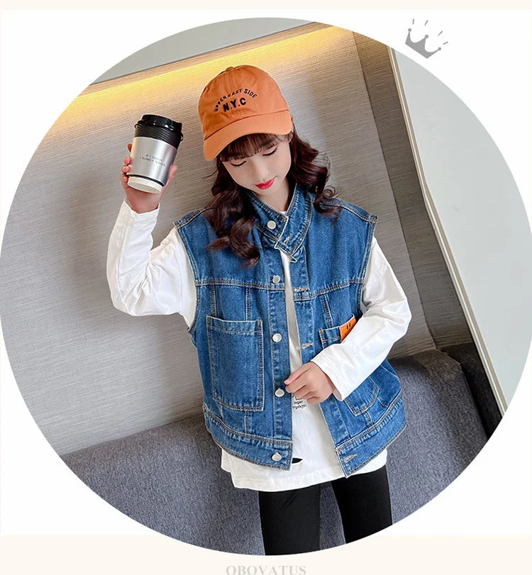 New Fashion Kids Girl Denim Vest Wasitcoat with Smile Face Outerwear Vintage Blue Children Casual Sleeveless Denim Jacket Outfit