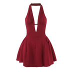 YENKYE French Style Retro Polka Dot Deep V Halter Dress Women Sexy