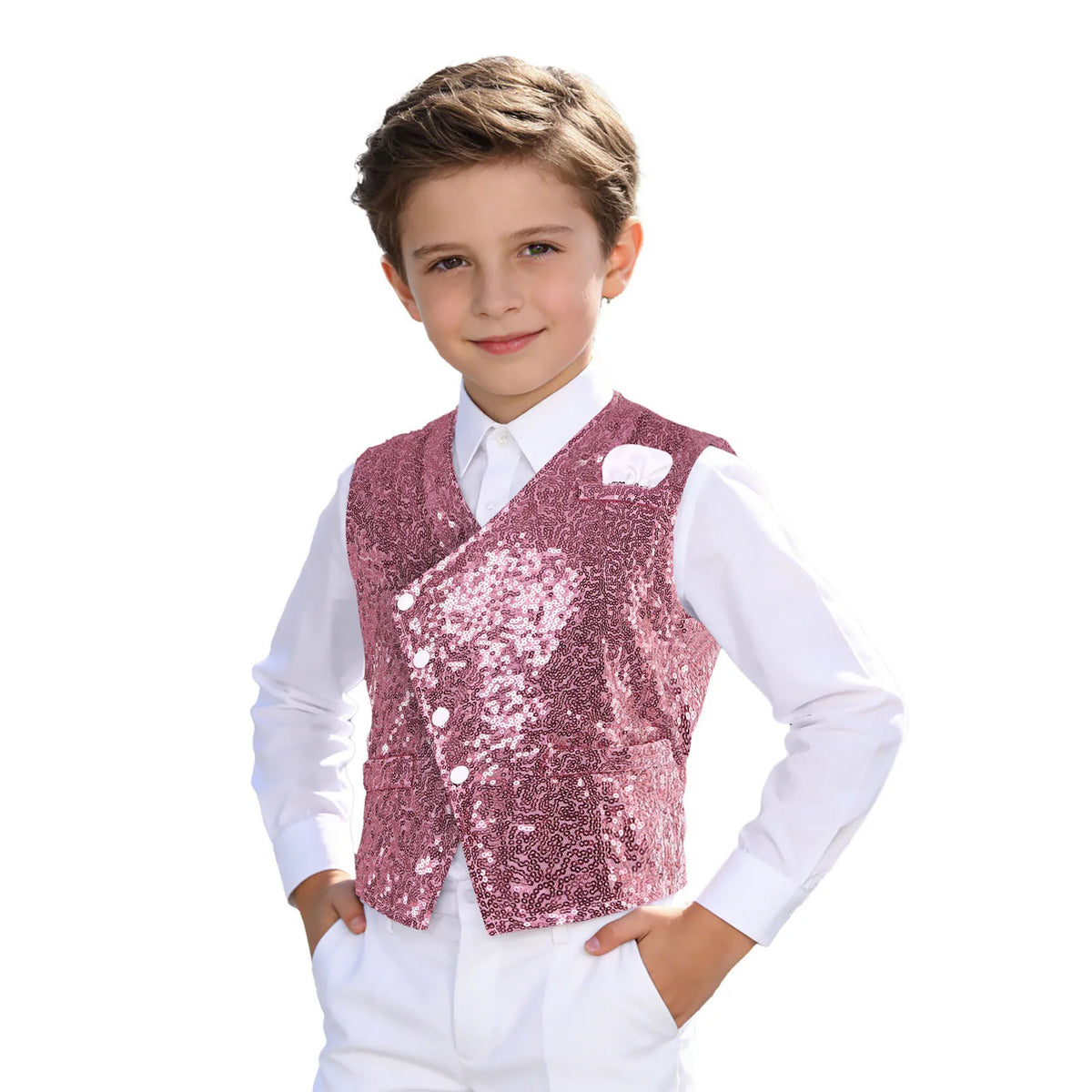 Kids Boys Glittery Sequin Waistcoat Fashion Childs Button-down Vest Tank Top for Birthday Party Prom Dance Wedding Costume Vests