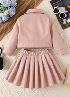 Children's Clothing for Girls, Spring and Autumn Stylish Pu Jacket and Versatile Short Skirt Two-Piece Set, New Fashion Street Style Cool Half Skirt, Easy to Clean, New Versatile Pu Leather Outfit