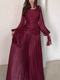 Elegant Temperament Robe Dresses 2026 New Spring Pleated Solid Color Maxi Dress Women O-neck Long Sleeved High Waist Party Dress