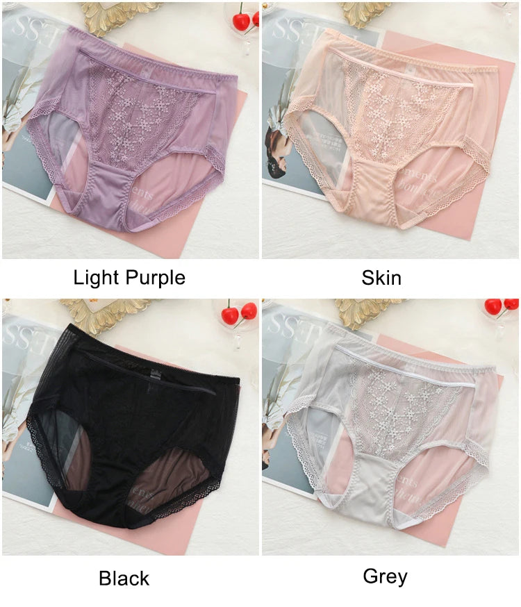 Women Transparent Lace Panties Large Sizes with High Waist Summer Sexy Mesh Hollow Out Briefs Women's Underwear Plus Size