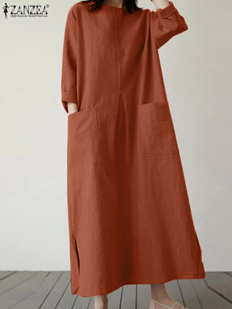 2024 ZANZEA Fashion Summer Vintage Women Solid 3/4 Sleeve Sundress Baggy Loose Casual Dress Oversize Vestidos Kaftan Robe Femme