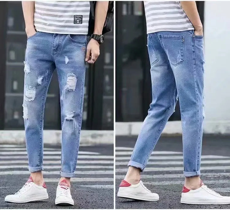 Men's Summer Thin Loose Straight Leg Jeans Casual Nine Point Ankle-Length Torn Elastic Cotton Denim Youth Fashion Wear