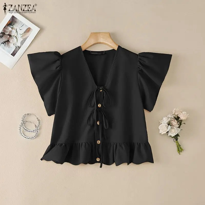 ZANZEA Summer Women Tops 2026 Elegant V Neck Short Sleeve Work Shirt Femme Casual Lace -Up Blusas Stylish Ruffled Holiday Blouse