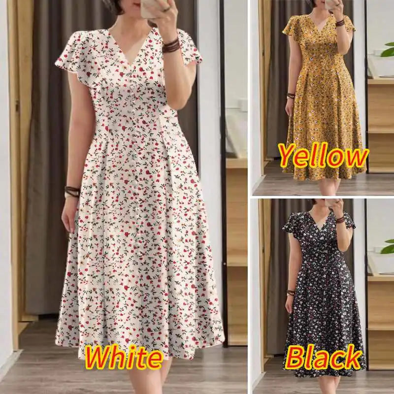 2024 ZANZEA Elegant Summer Dress Women Bohemian Sundress Robe Femme V Neck Short Sleeve Floral Printed Holiday Vestido Kaftan