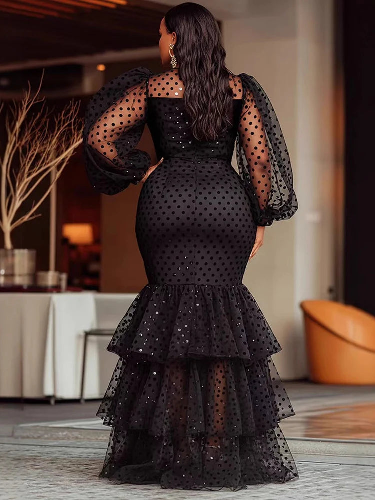 Women's Plus Size Polka Dots Evening Dress Crew Neck Mesh Sheer Prom Party Robe Dress Tiered Ruffle Hem Chic Formal Maxi Dresses