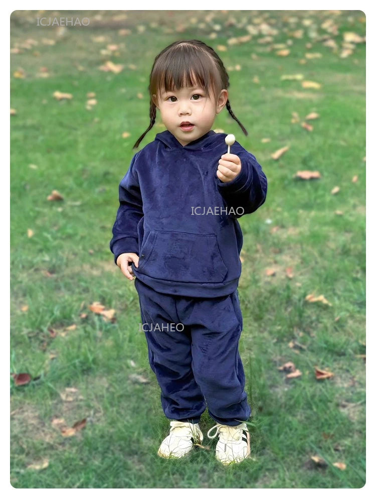 Boys Girls Velvet Warm Long Sleeve Hooded Outfit Set Children Clothing Casual Tracksuit Outdoor Wear Autumn Winter Kids Clothes