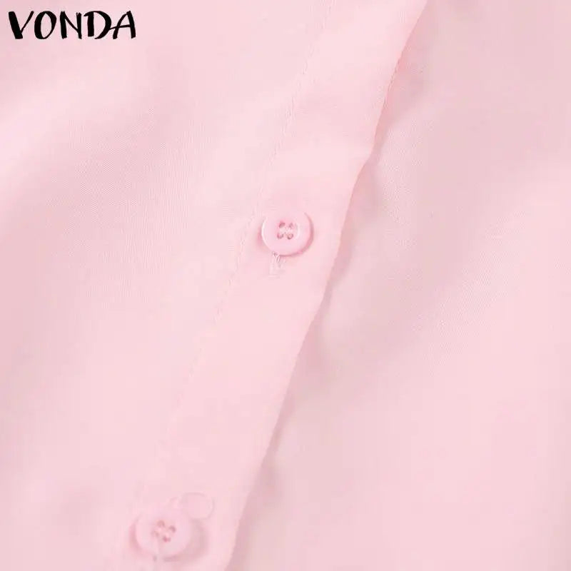 Women Elegant Shirts 2024 VONDA Fashion Summer Short Sleeve Tops Casual Solid Color Shirts Loose Lapel Neck Tunic Blusas Baggy