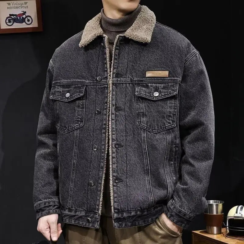 2026 Autumn and Winter Men's New Denim Jacket Fleece Thickened Retro Loose Casual Jacket