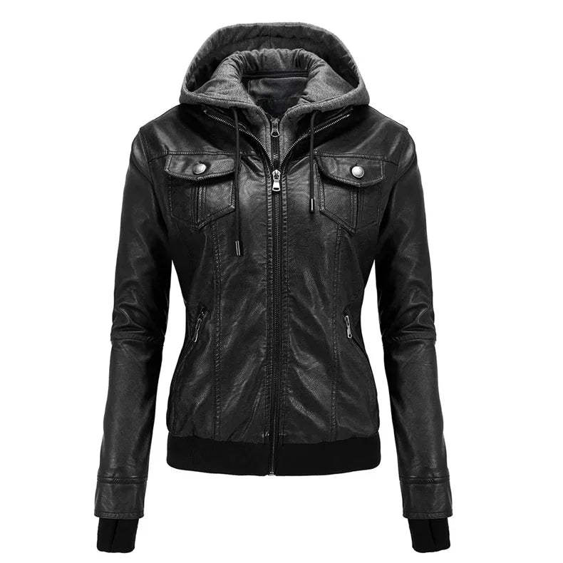 Veste Moto Femme Cuir PU – Capuche Amovible Slim Noir Streetwear