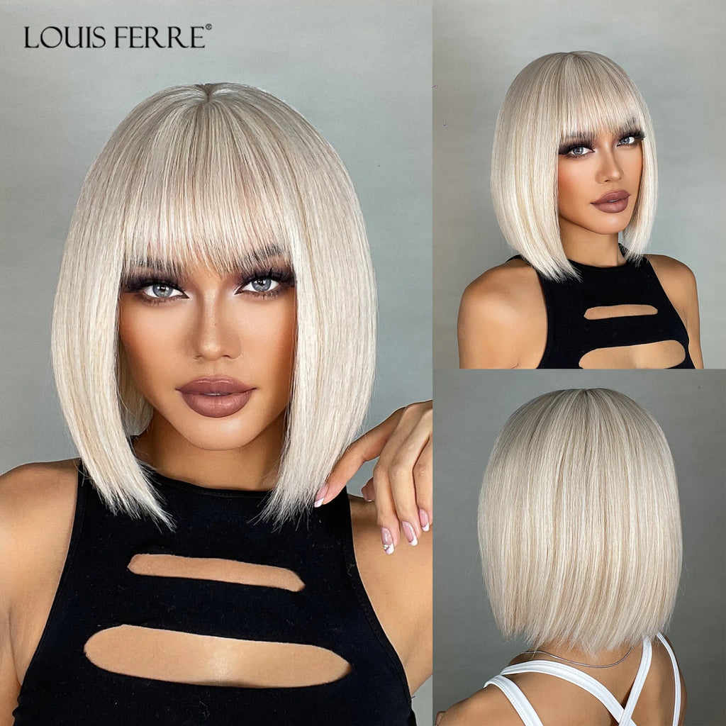 LOUIS FERRE Short Blonde Highlight Brown Bobo Wigs For Women Daily Cosplay Natural Straight Wig High Temperature Synthetic Wigs