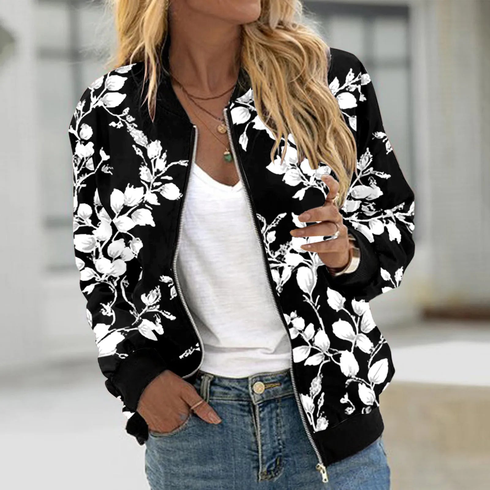 Veste Bomber Femme Imprimé Floral – Courte Zipée Casual Automne Hiver