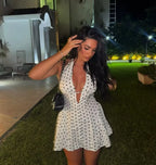 YENKYE French Style Retro Polka Dot Deep V Halter Dress Women Sexy