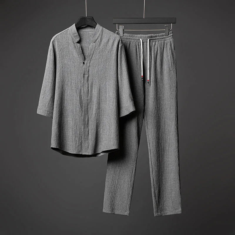 2025 Summer Popular Men's Plus Size Comfortable Casual Suit Men's Solid Color Street Suit Men's Fashion Two-piece Set