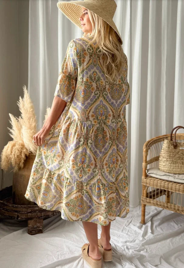 New Plus Size Women Boho Paisley Print Shirt Dress, Casual Flowy Ruffle Hem Long Dress for Summer Vacation Daily Wear