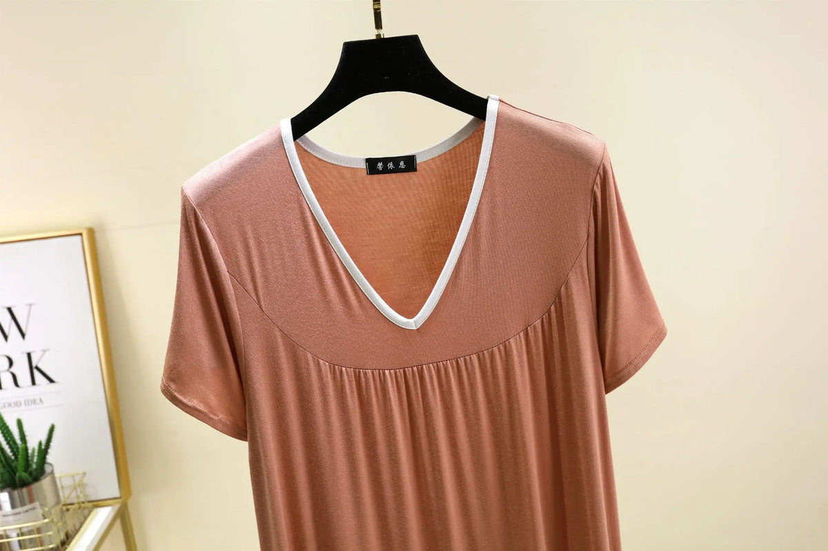 Plus size L to 6XL Modal V-Neck sleepdress summer women Loose homewear dress solid color casual long nightdress comfort homewear