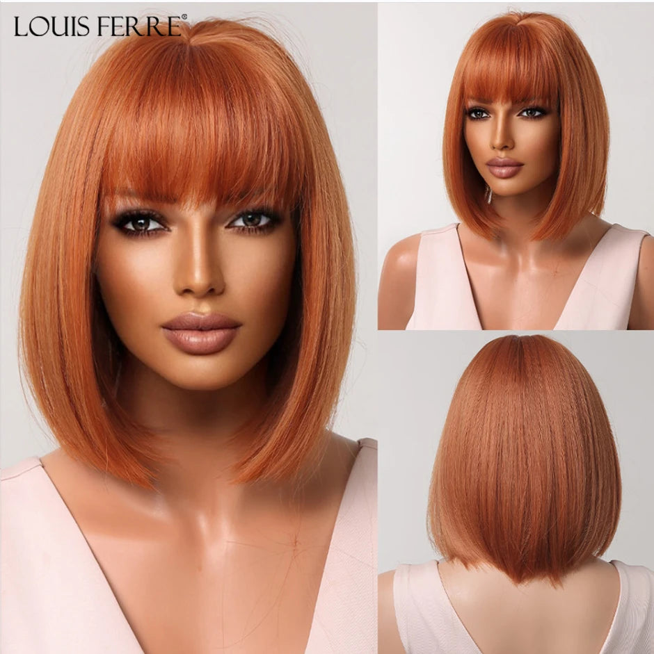 LOUIS FERRE Short Blonde Highlight Brown Bobo Wigs For Women Daily Cosplay Natural Straight Wig High Temperature Synthetic Wigs