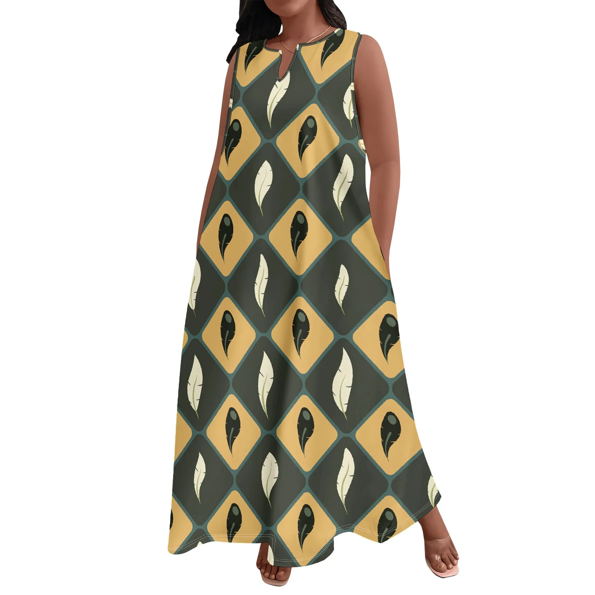 Plus Size Women's  Summerl Fashion Printed  African Style Sleeveless Round V Neck Dress Loose And Casual Dress