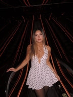 YENKYE French Style Retro Polka Dot Deep V Halter Dress Women Sexy