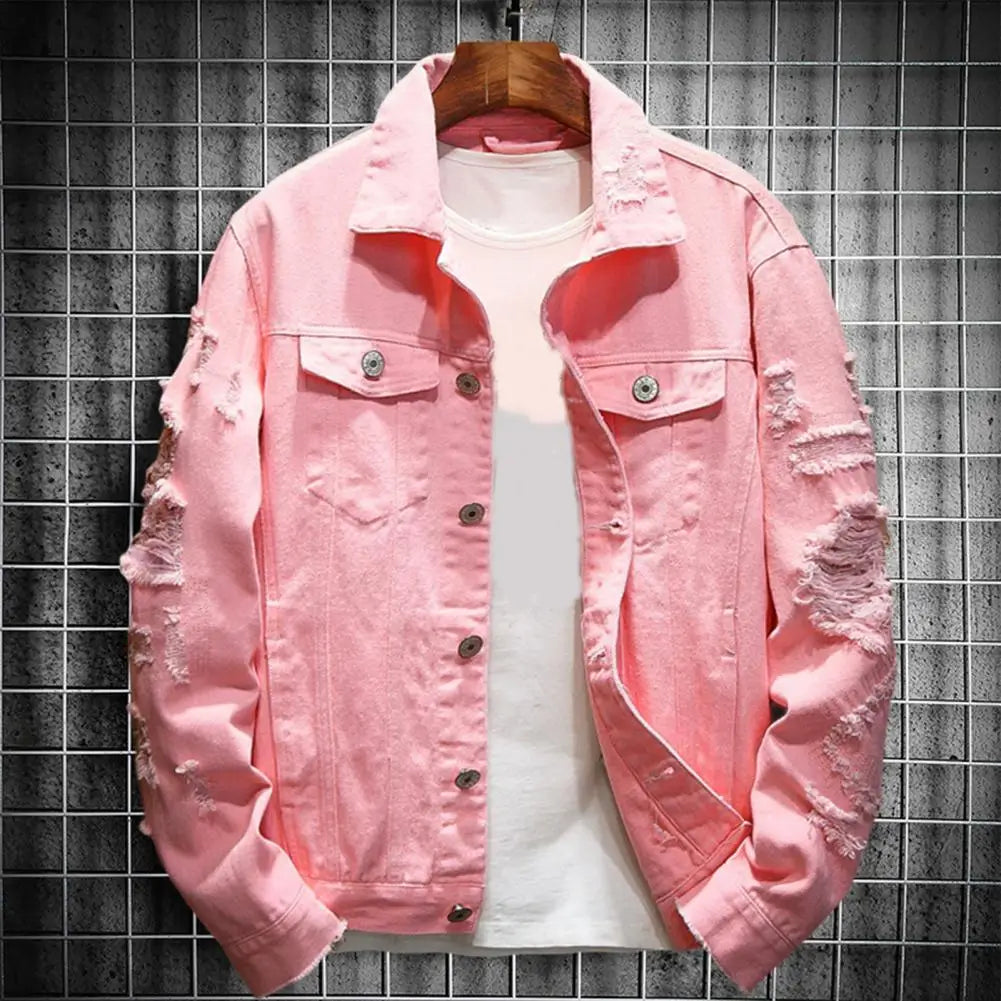 Veste Jean Homme Troue – Manteau Denim Ample Col Revers Streetwear Automne Hiver