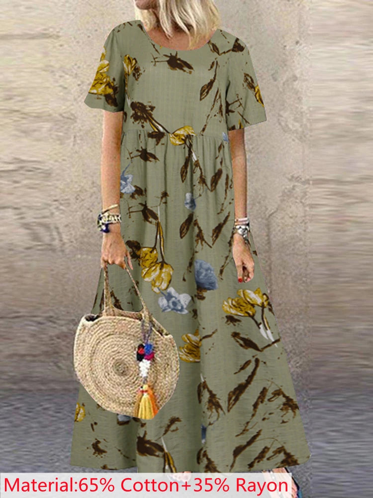 2025 ZANZEA Bohemian Holiday Sundress Summer Women Vintage Floral Printed Short Sleeve Beach Dress Loose Long Vestido Robe Femme