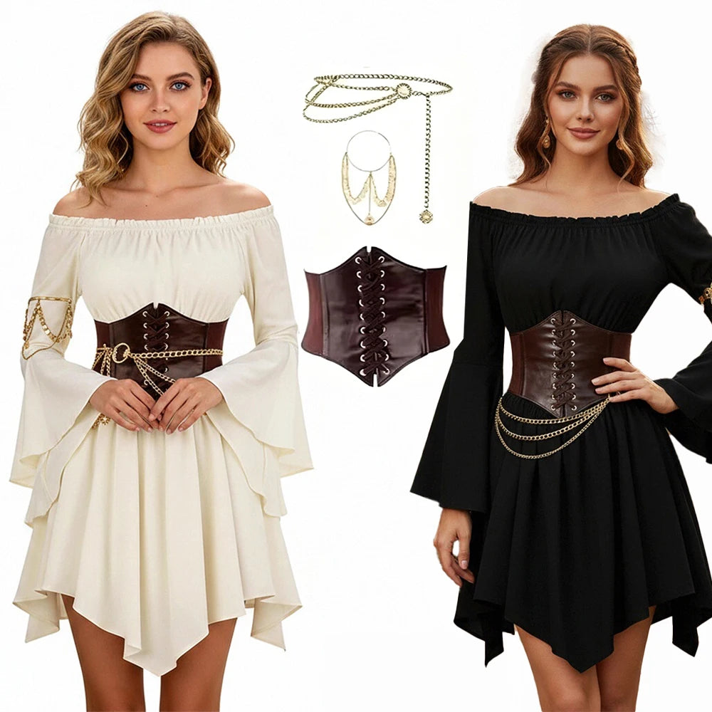Women's Dress Vintage European-Style Off-The-Shoulder Bell-Sleeve Medieval Renaissance Court-Style Dresses Halloween Costume