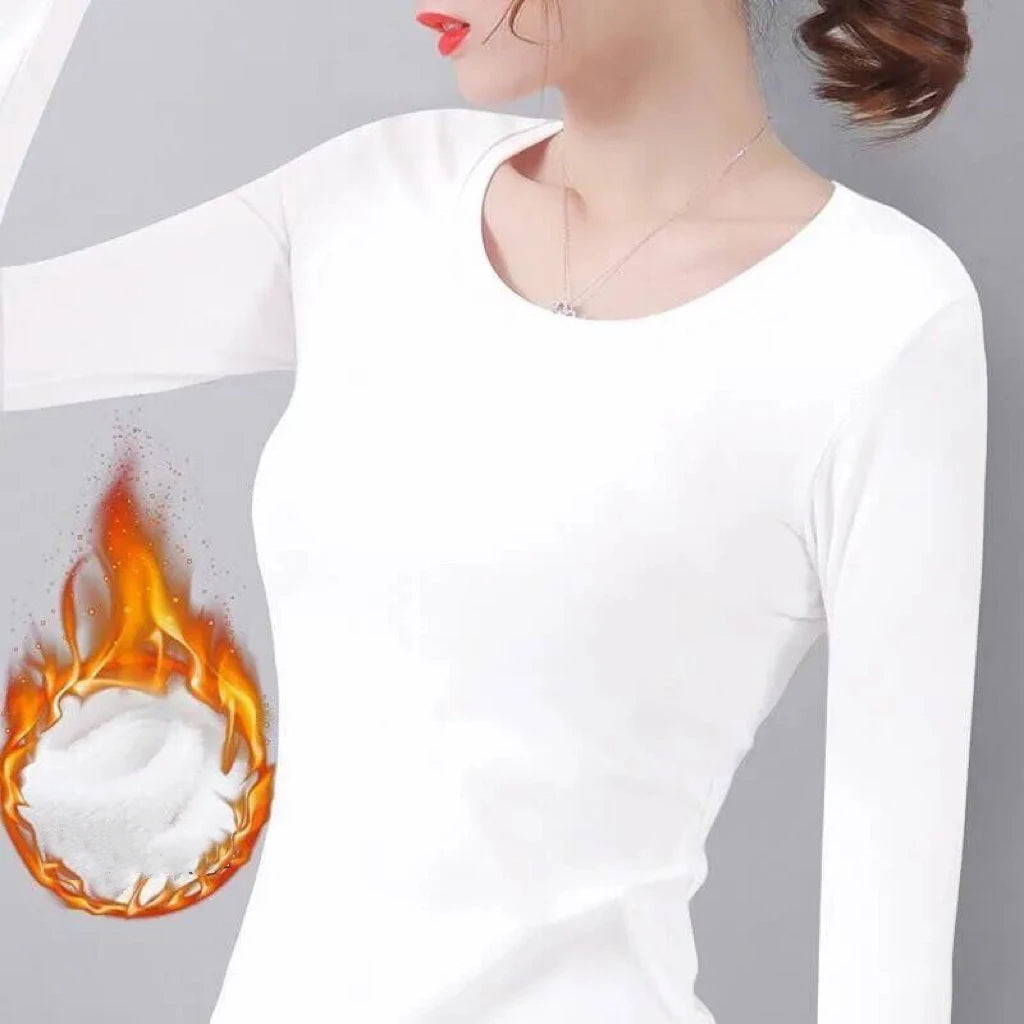 1pcs Women Velvet Thermal UnderwearT-shirt Solid Color V-Neck TShirt Winter Warm Top Female Round Neck Long Sleeve Tee Pullover
