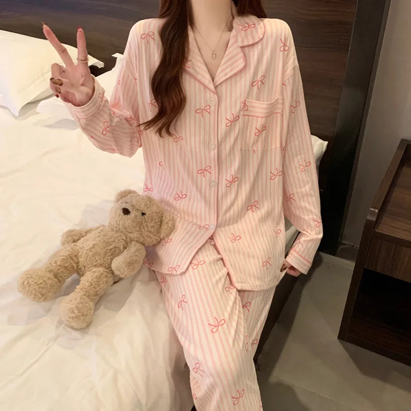 Printemps et automne nouveaux pyjamas pour femmes ensemble de vêtements de détente fille amour Cardigan pyjamas tissu froissé vê