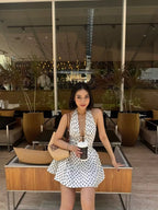 YENKYE French Style Retro Polka Dot Deep V Halter Dress Women Sexy
