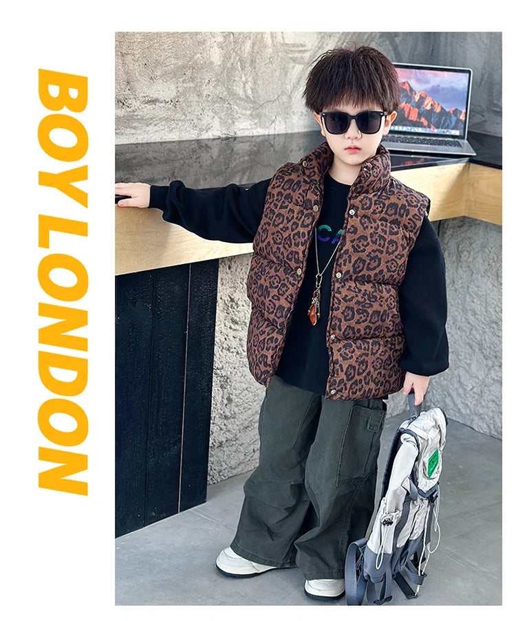 New Fashion Baby Boy Girl Leopard Print Sleeveless Vest Elegant Kids Children Winter Waistcoat Age 2 3 4 5 6 7 8 9 10 11 Years