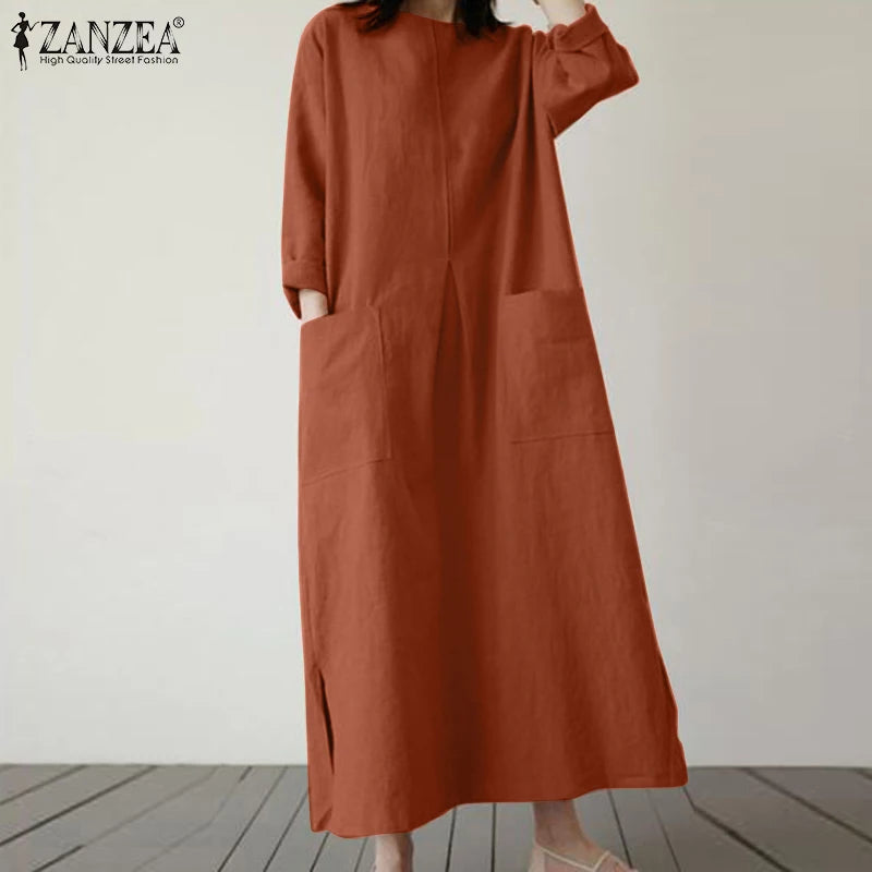 2024 ZANZEA Fashion Summer Vintage Women Solid 3/4 Sleeve Sundress Baggy Loose Casual Dress Oversize Vestidos Kaftan Robe Femme