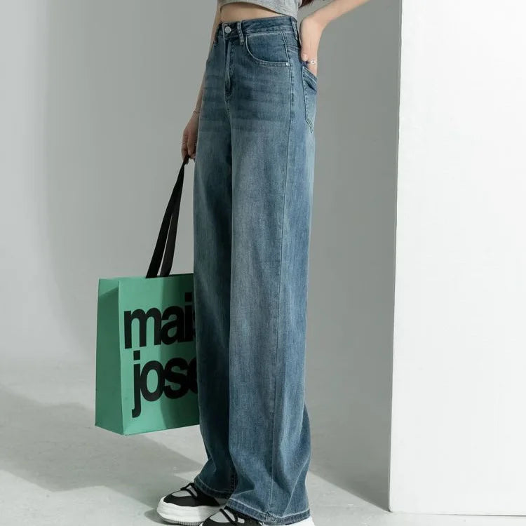 Women's vintage wide-leg jeans, loose straight cut, high-waisted, slimming, petite-friendly, with a drapey, floor-length design