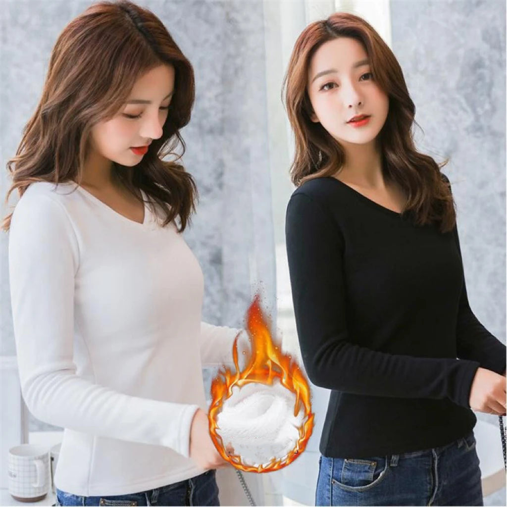 1pcs Women Velvet Thermal UnderwearT-shirt Solid Color V-Neck TShirt Winter Warm Top Female Round Neck Long Sleeve Tee Pullover