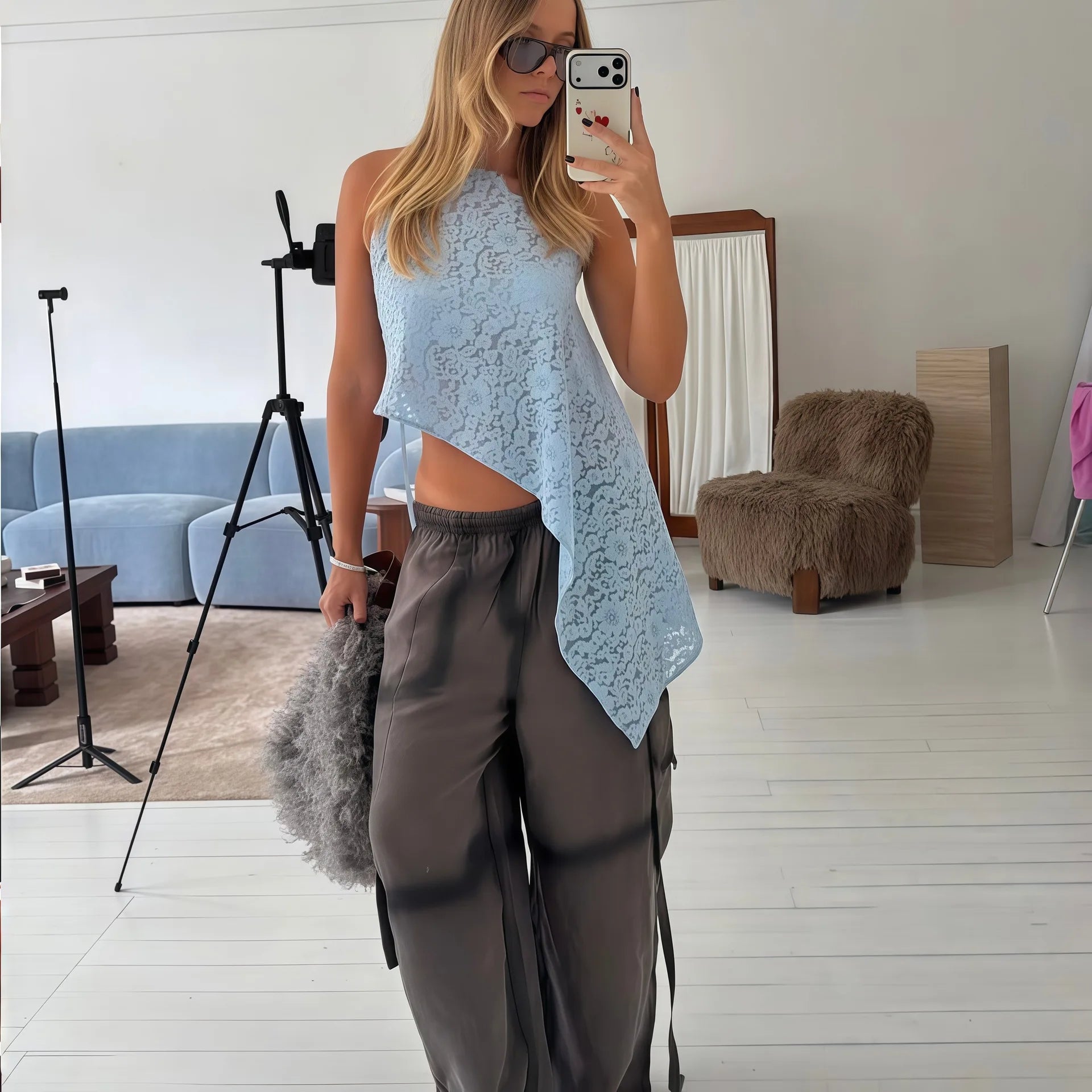 Women's Fashion Hot Sale Lace Babes Suspender Vest Sexy Hollow Backless Irregular Top Women