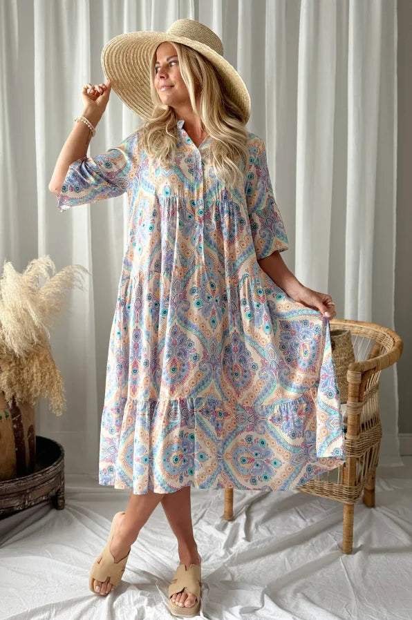 New Plus Size Women Boho Paisley Print Shirt Dress, Casual Flowy Ruffle Hem Long Dress for Summer Vacation Daily Wear