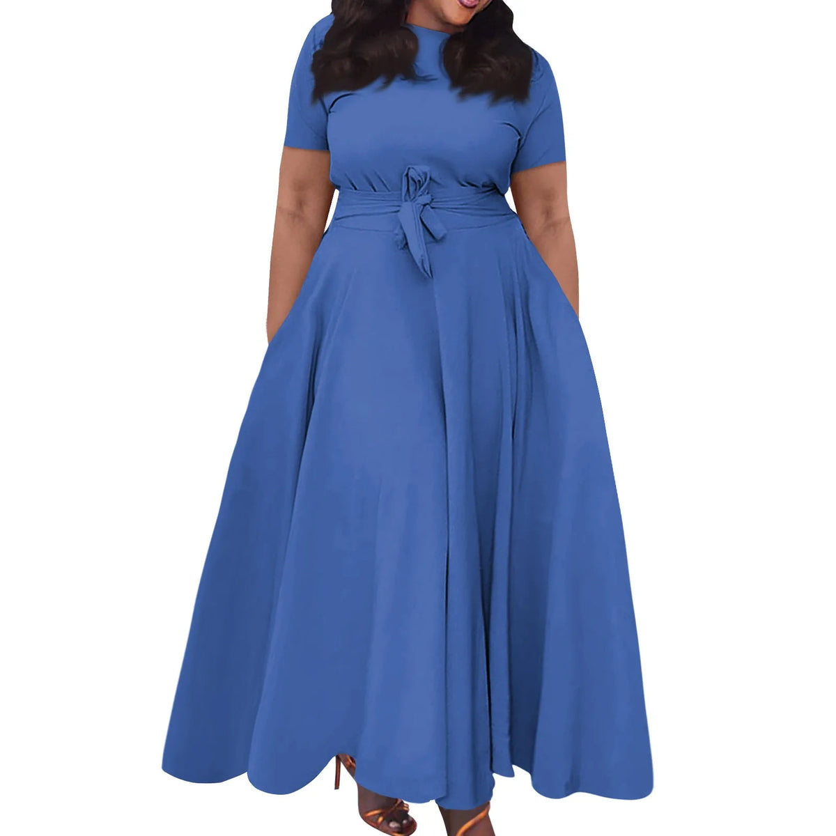 dress for women Casual Fashion Large Size sexy long dresses Solid Color Round Neck dress Short Sleeve Pocket Straps Swing elbise