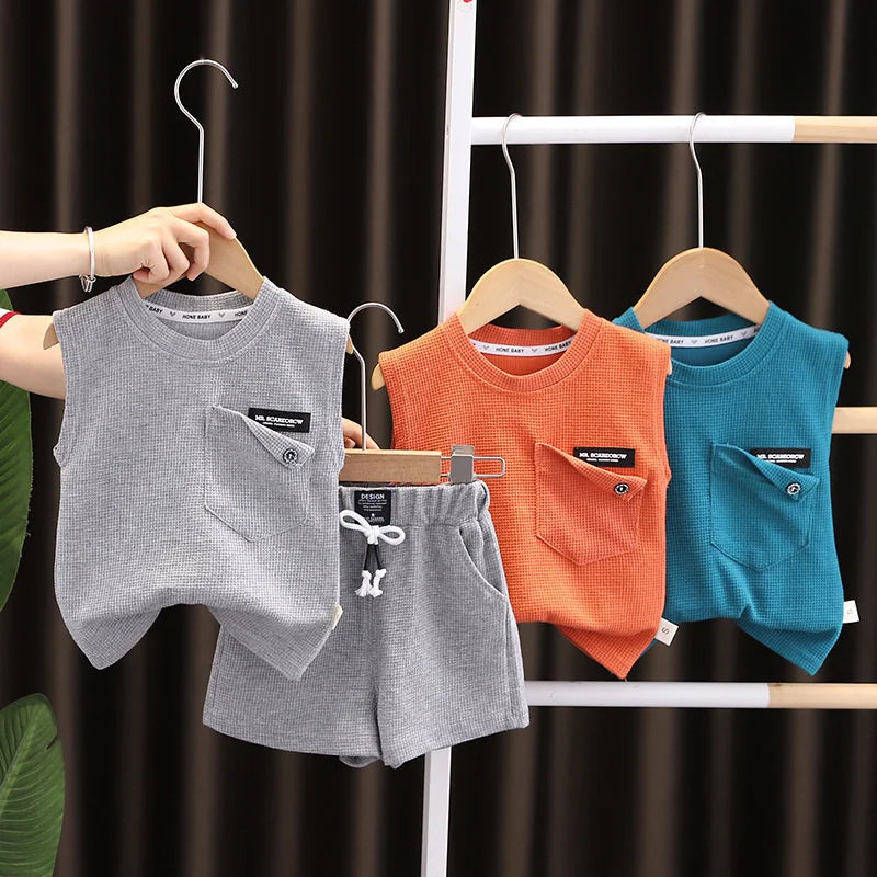 Korean Children Summer Sets Girl Boy Sleeveless Vest Shorts Suit Child Clothing Fashion Outfits Kids Costume