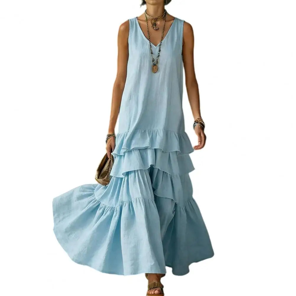 Plus Size Summer Dress Spring Solid Color Women's Loose V-neck Large Skirt Sleeveless Ruffle Edge Travel Dresses Sundress