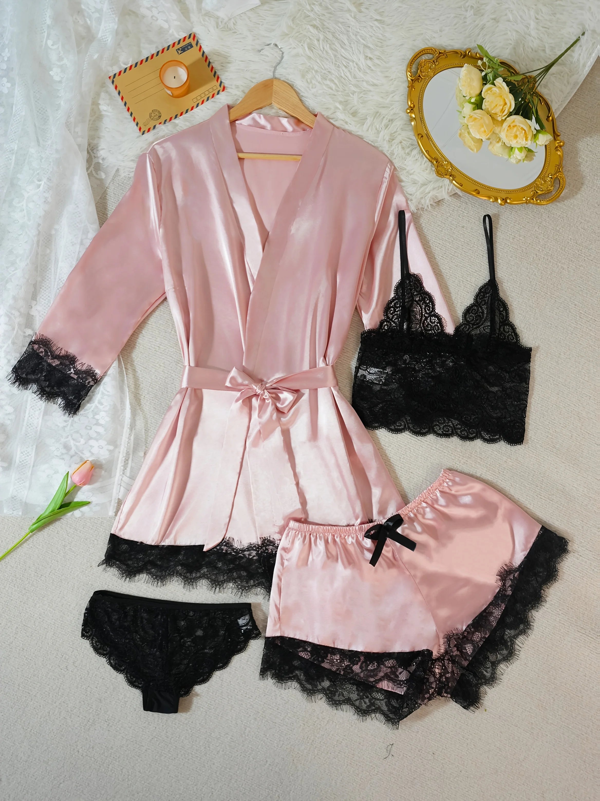 Ensemble Pyjama Satin 4 Pièces avec Robe