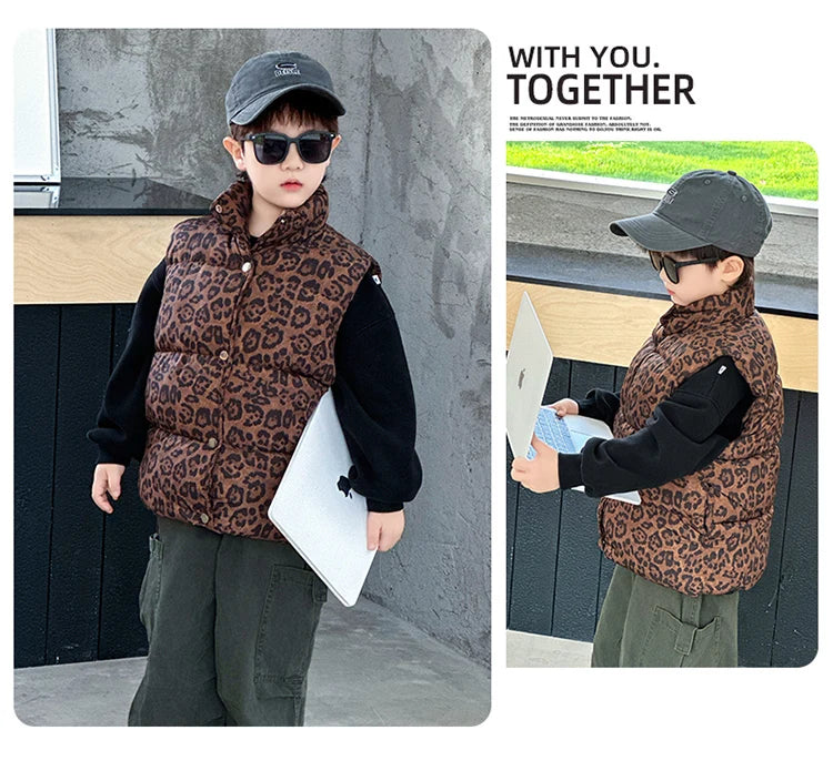 New Fashion Baby Boy Girl Leopard Print Sleeveless Vest Elegant Kids Children Winter Waistcoat Age 2 3 4 5 6 7 8 9 10 11 Years