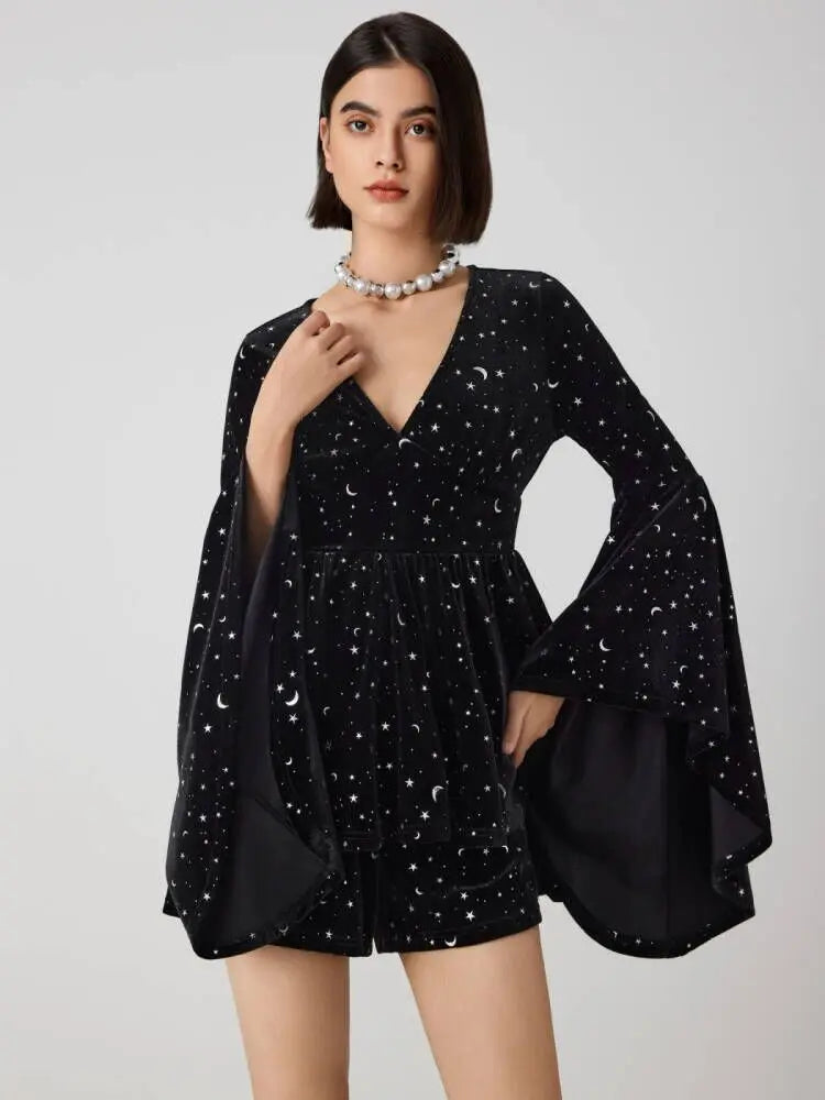 Women's Velvet V-neck Star & Moon  Bell Sleeve Dress