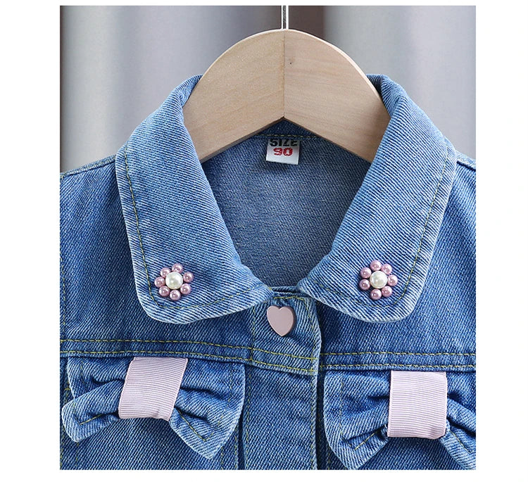New Fashion Kids Children's Denim Vest with Bow and Pearl for Toddler Girls Denim Waistcoat Baby Lovely Style Sleeveless Jacket