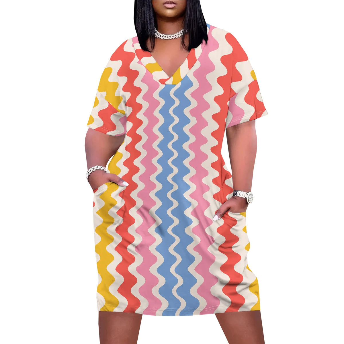 Plus Size Women Casual T-Shirt Dress V Neck Short Sleeve with Front Two Pockets Solid Color Oversize Dresses