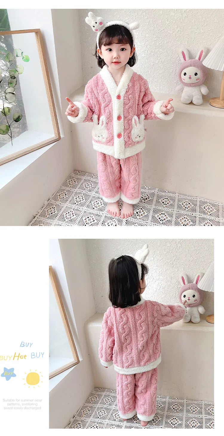 Pyjama Fille Flanelle Motif Lapin – Chaud Kawaii Automne Hiver 90-130cm