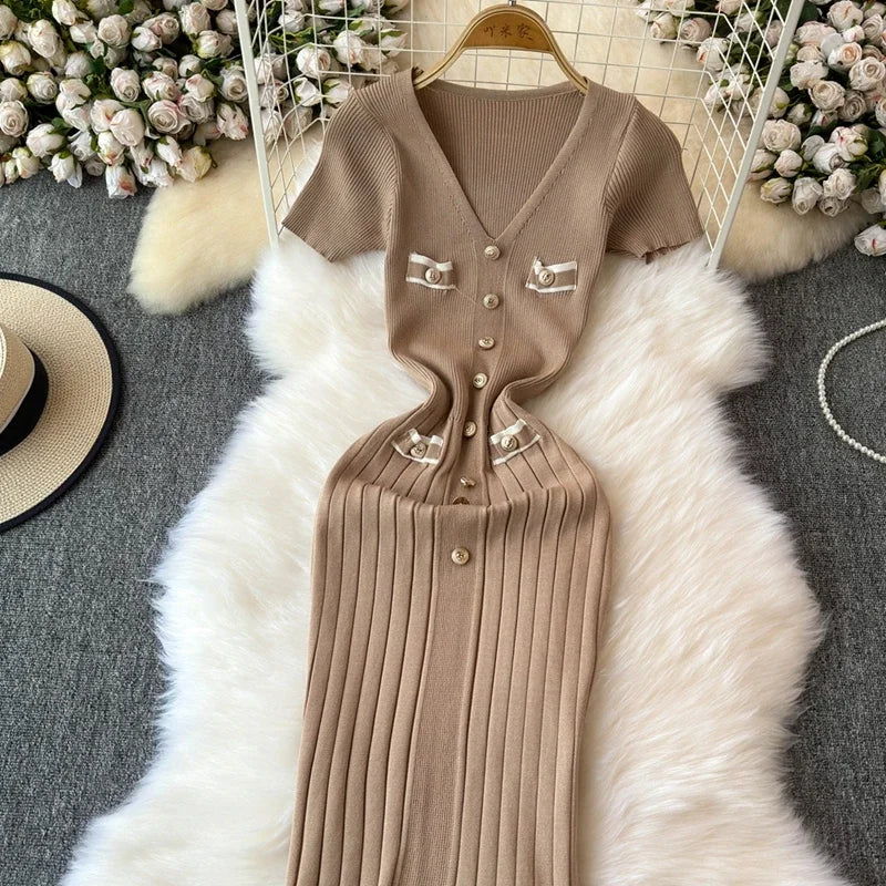 Elegant Knitted Long Dress Women Summer V Neck Single Breatsed Short Sleelve Bodycon Dresses Fashion Party Office Lady Vestidos