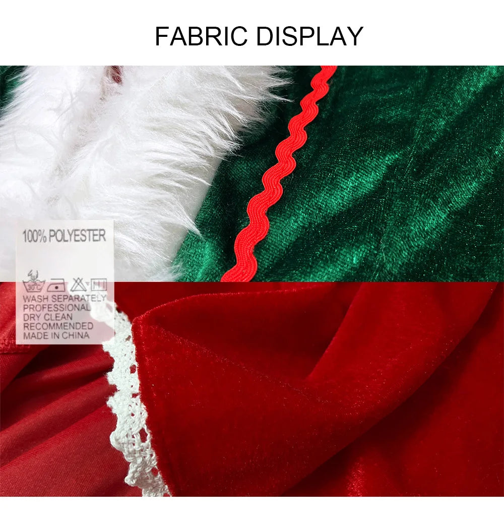 Christmas Elf Costume for Adults Men Women Couple Green Velvet Dress Suit Belt Hat Striped Stockings Xmas Party Cosplaywear