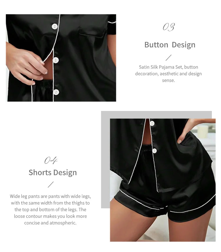Elegant Satin Solid Pajamas Set Short Sleeve Lapel Buttons Top And Shorts Breathable Fabric Skin-Friendly Fit Women's Sleepwear
