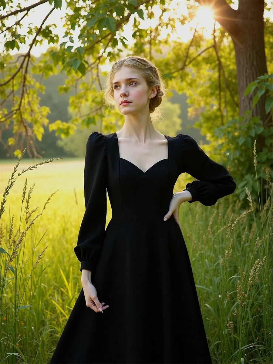 Women'S Dress Autumn Woman Long Sleeve Square Collar Elegant Beautiful Feminine Pretty Sweet Lovely Cute Fancy Exquisite Simple