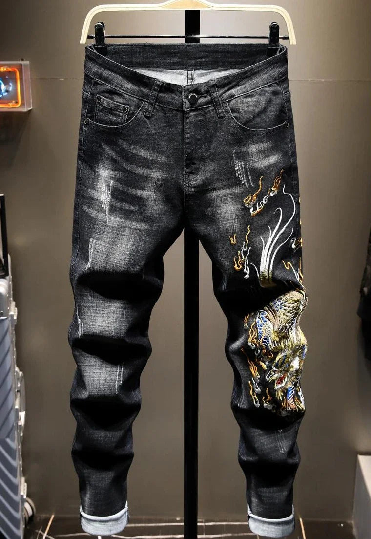 Jean imprimé homme 90s – Coupe ample streetwear noir ou bleu